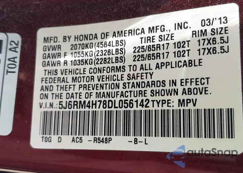 2013 Honda Cr-V Ex-L из США, поврежденный, VIN 5J6RM4H78DL056142